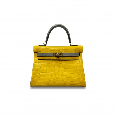 HERMÈS MASTER KELLY 25 NILE CROCODILE AMBER YELLOW WITH PEARL GREY GOLD BUCKLE (25*17*7cm) 